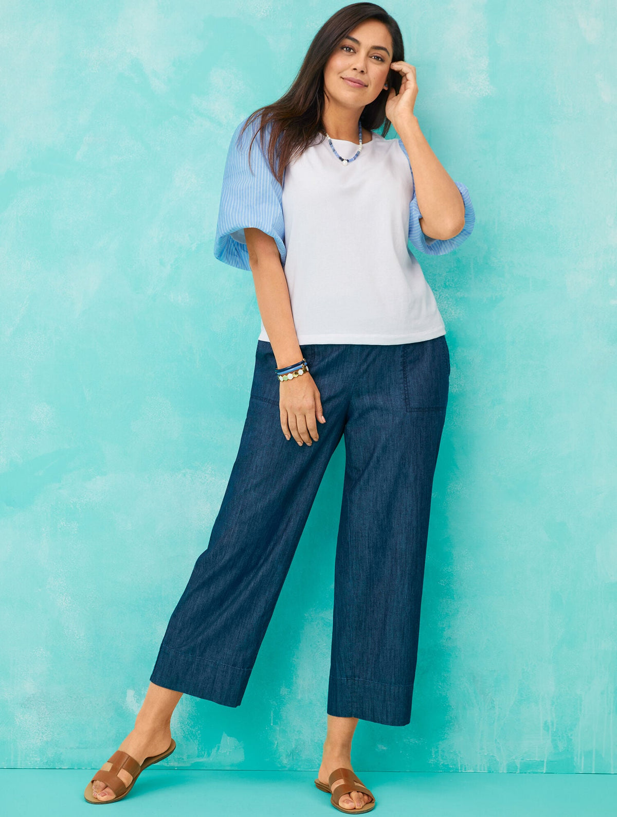 WOVEN SLEEVE CREWNECK TEE | Talbots