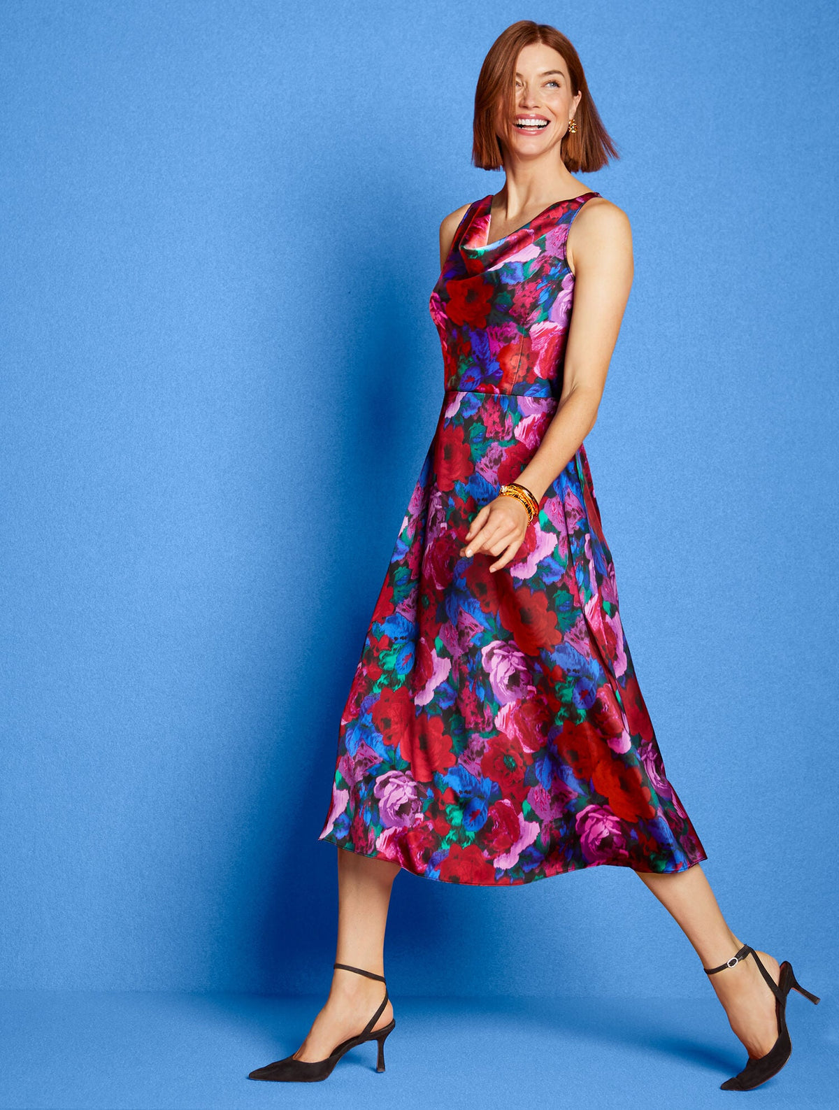 SATIN COWL-NECK DRESS - WRAPPED FLORAL | Talbots