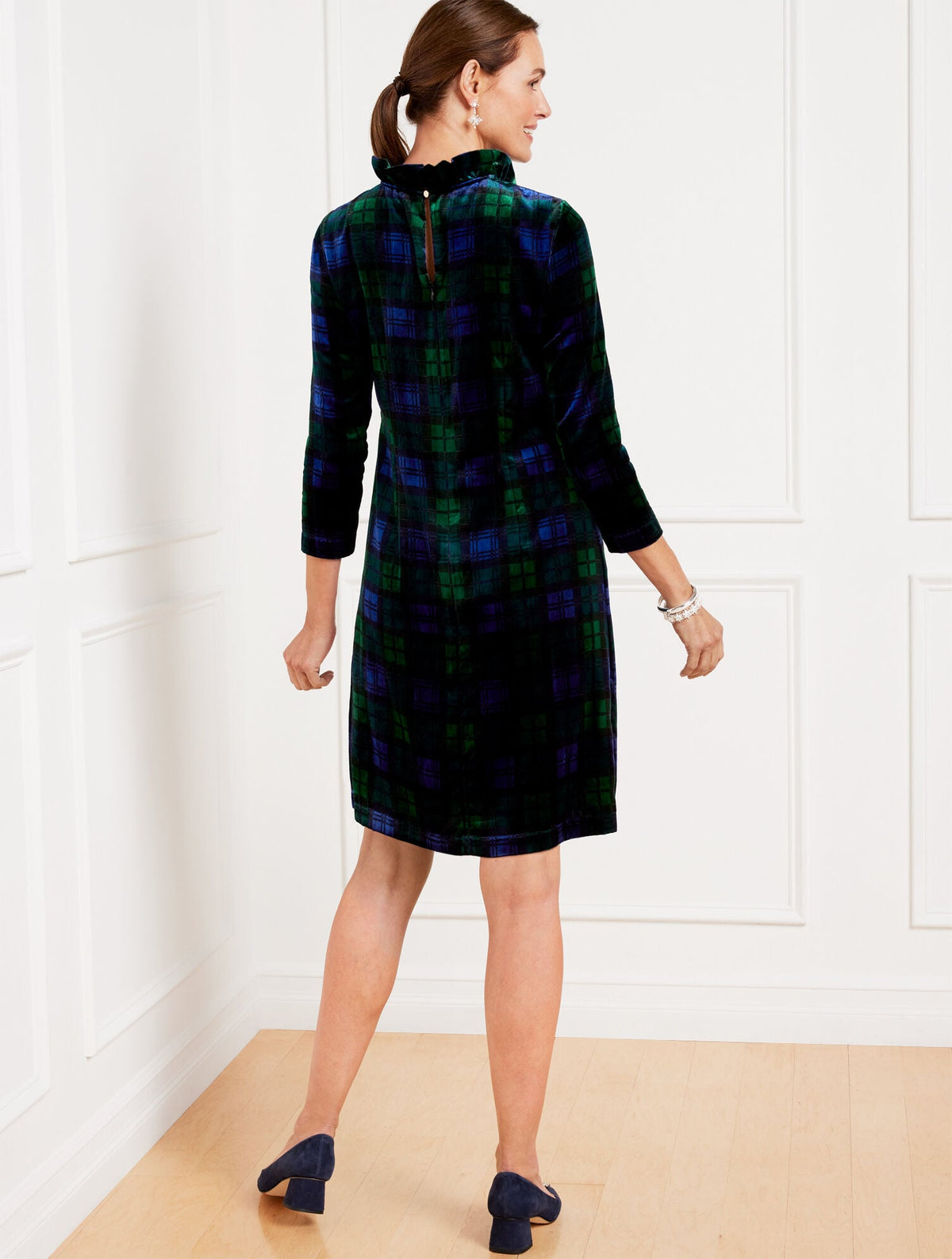 EFFORTLESS VELVET A-LINE DRESS - BLACK WATCH PLAID | Talbots