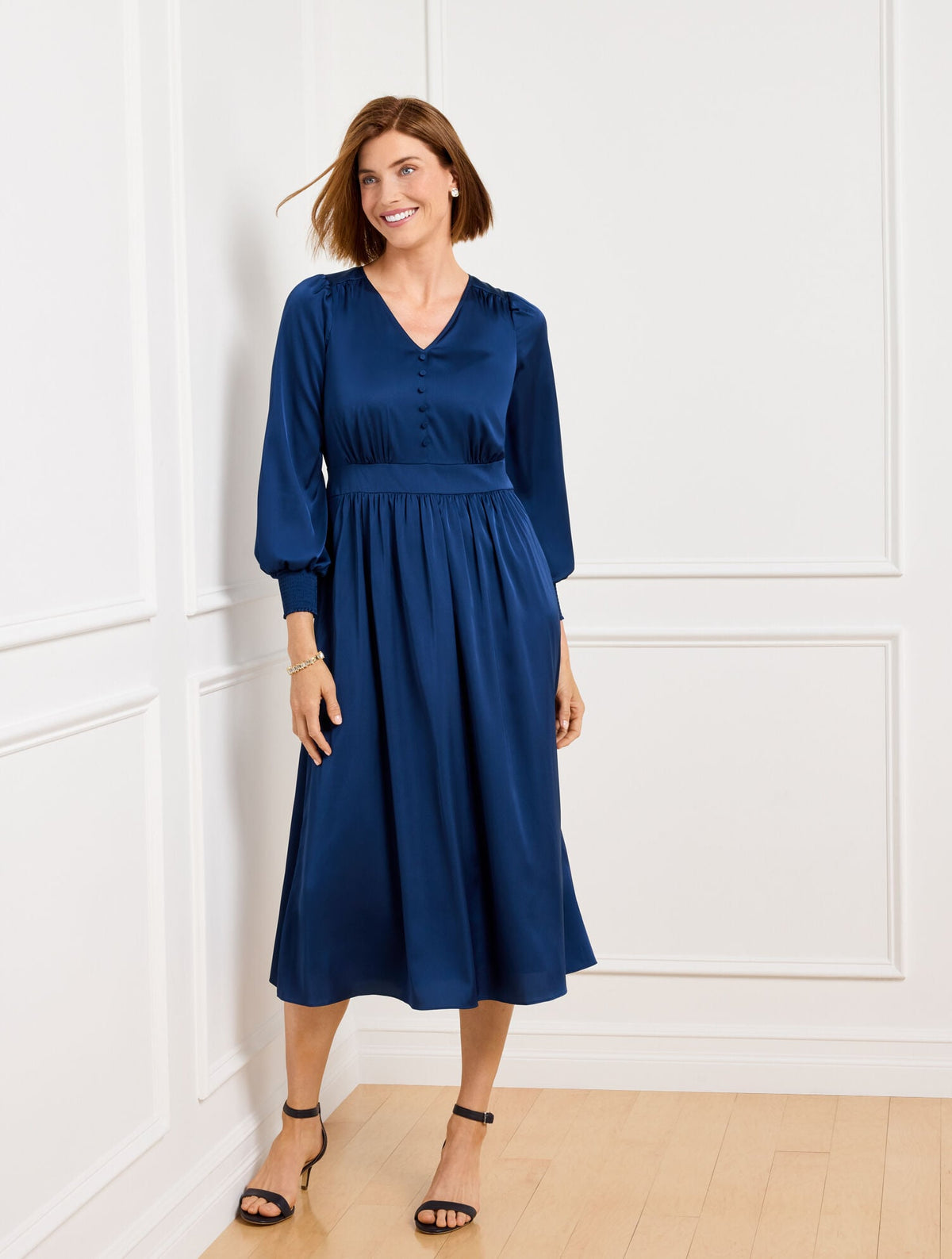 SOFT SATIN CHARMEUSE SMOCKED MIDI DRESS | Talbots