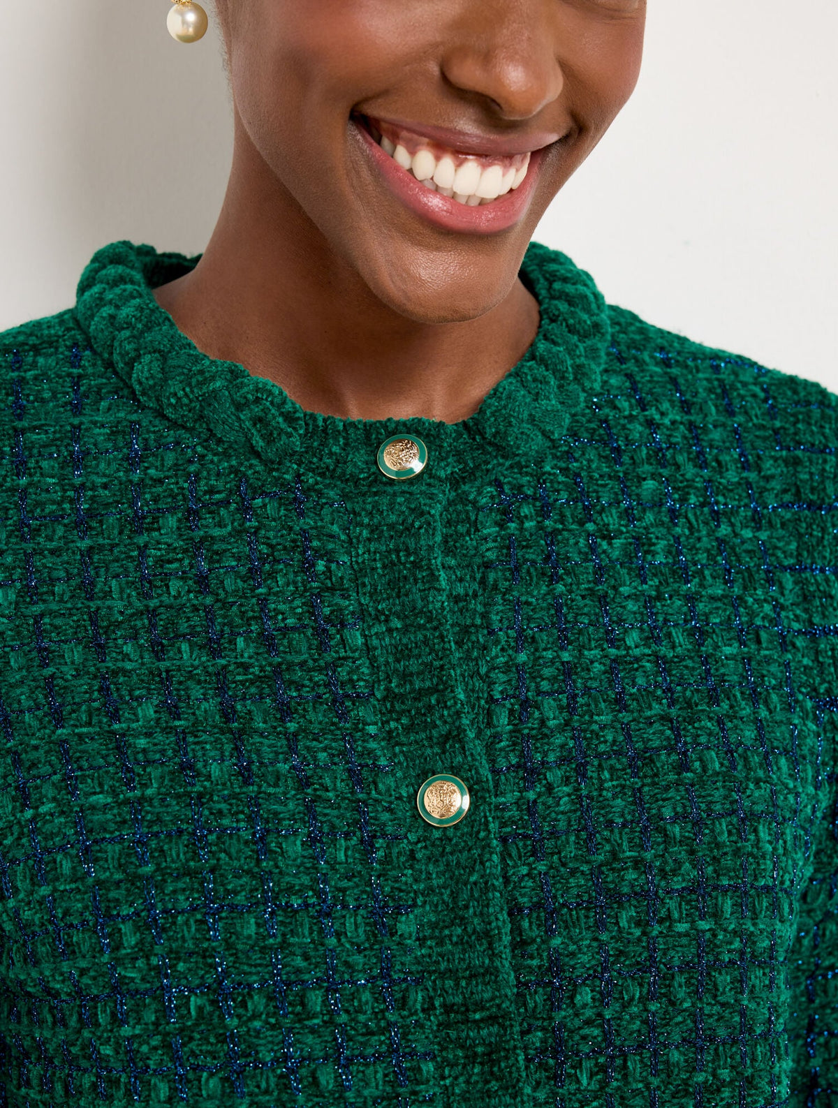 CHENILLE CREWNECK CARDIGAN - METALLIC PLAID | Talbots