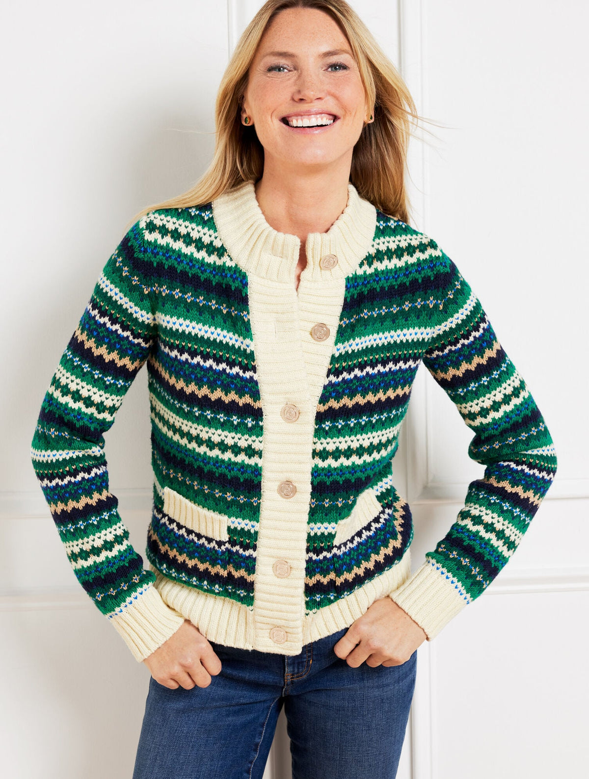 METALLIC MOCKNECK SWEATER JACKET - CADET FAIR ISLE | Talbots