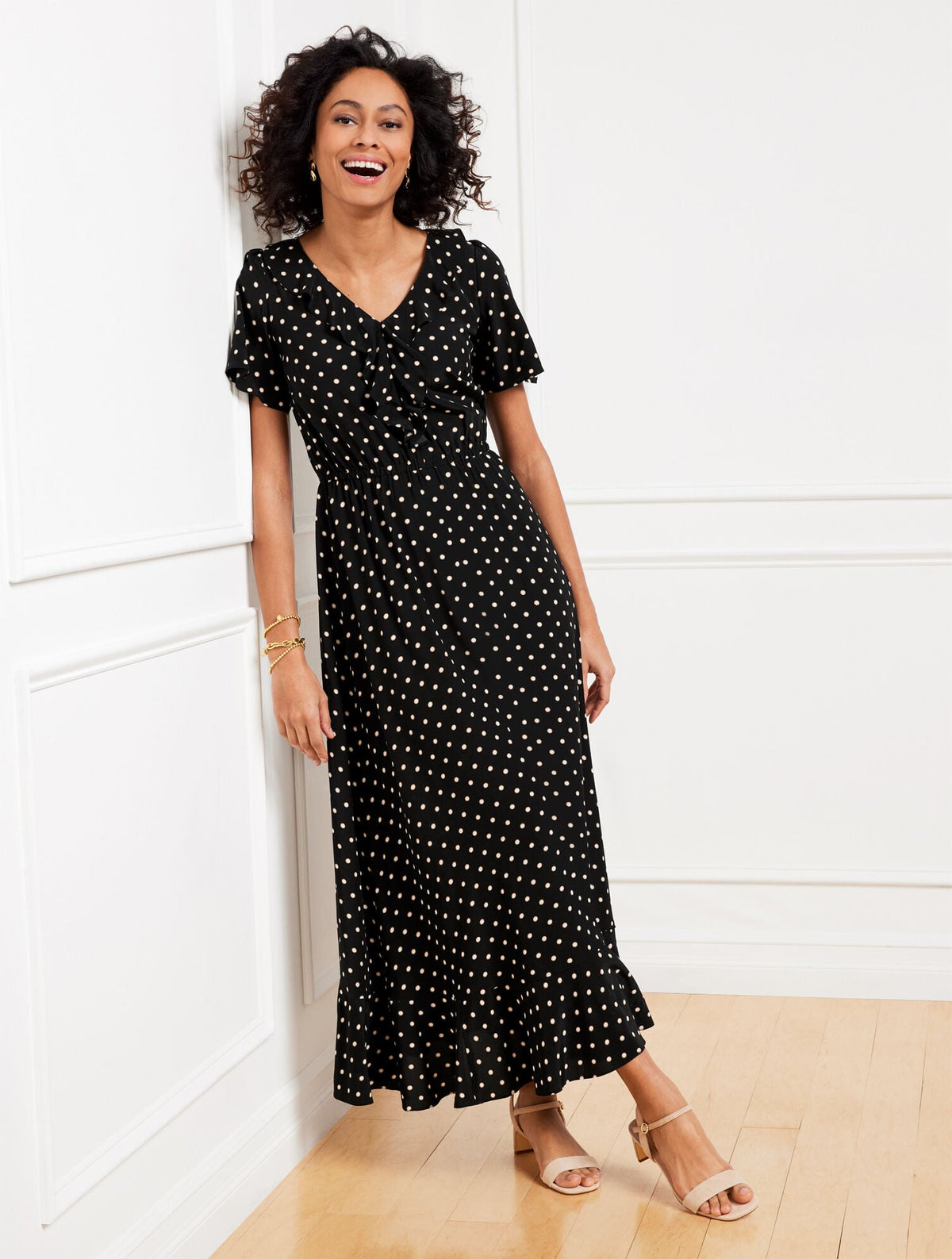 RUFFLE NECK FIT & FLARE DRESS - DAISY DOT | Talbots