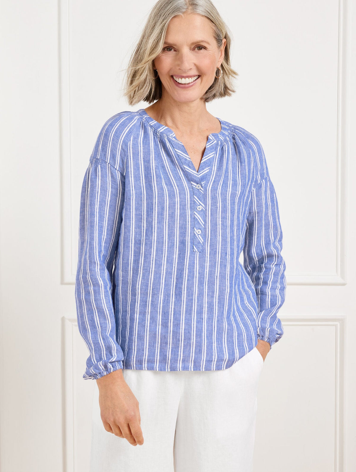 LANTERN SLEEVE LINEN TOP - PETAL STRIPE | Talbots