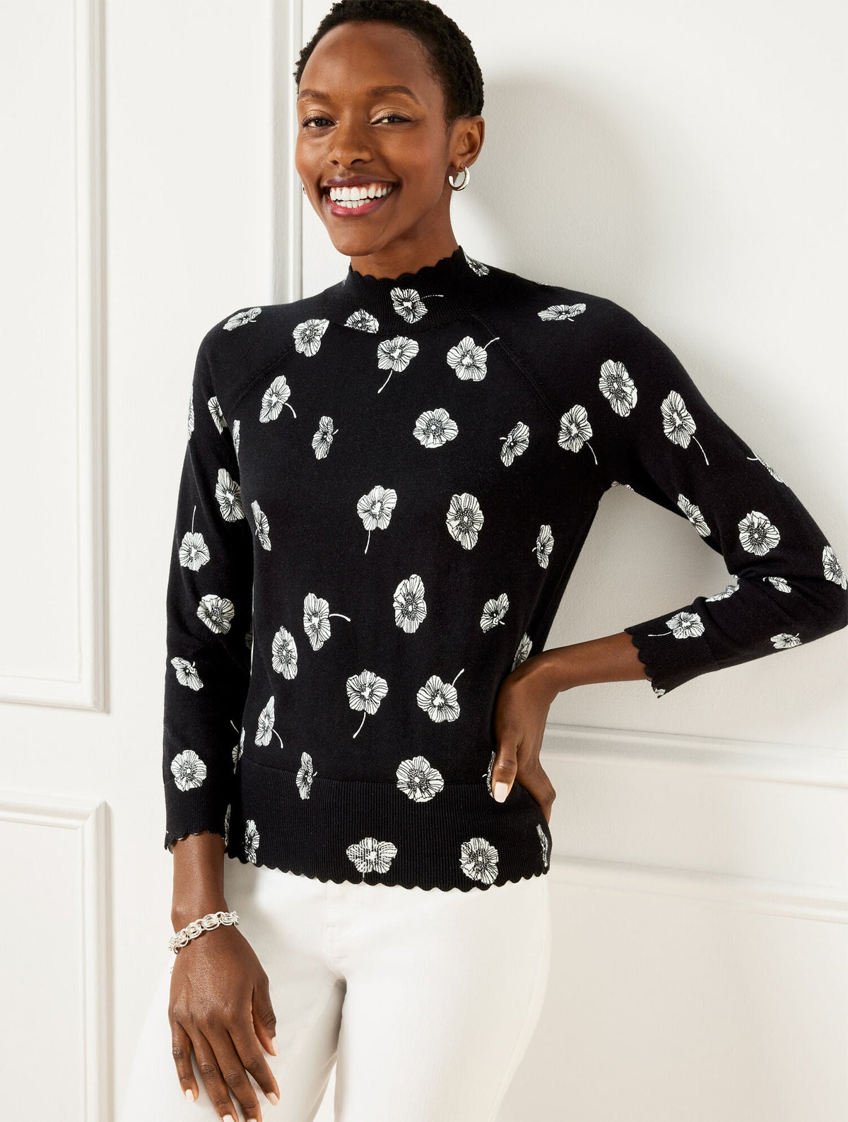 SCALLOP EDGE RAGLAN SWEATER - DECO FLOWER | Talbots