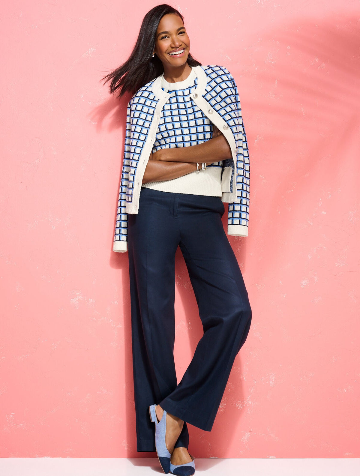 TEXTURED STITCH CREWNECK CARDIGAN - PLAID | Talbots