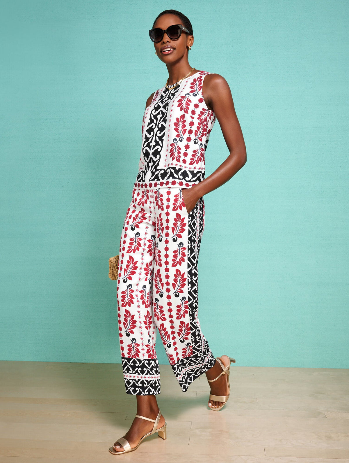 WIDE CROP PULL-ON PANTS - GEOMETRIC PALM | Talbots