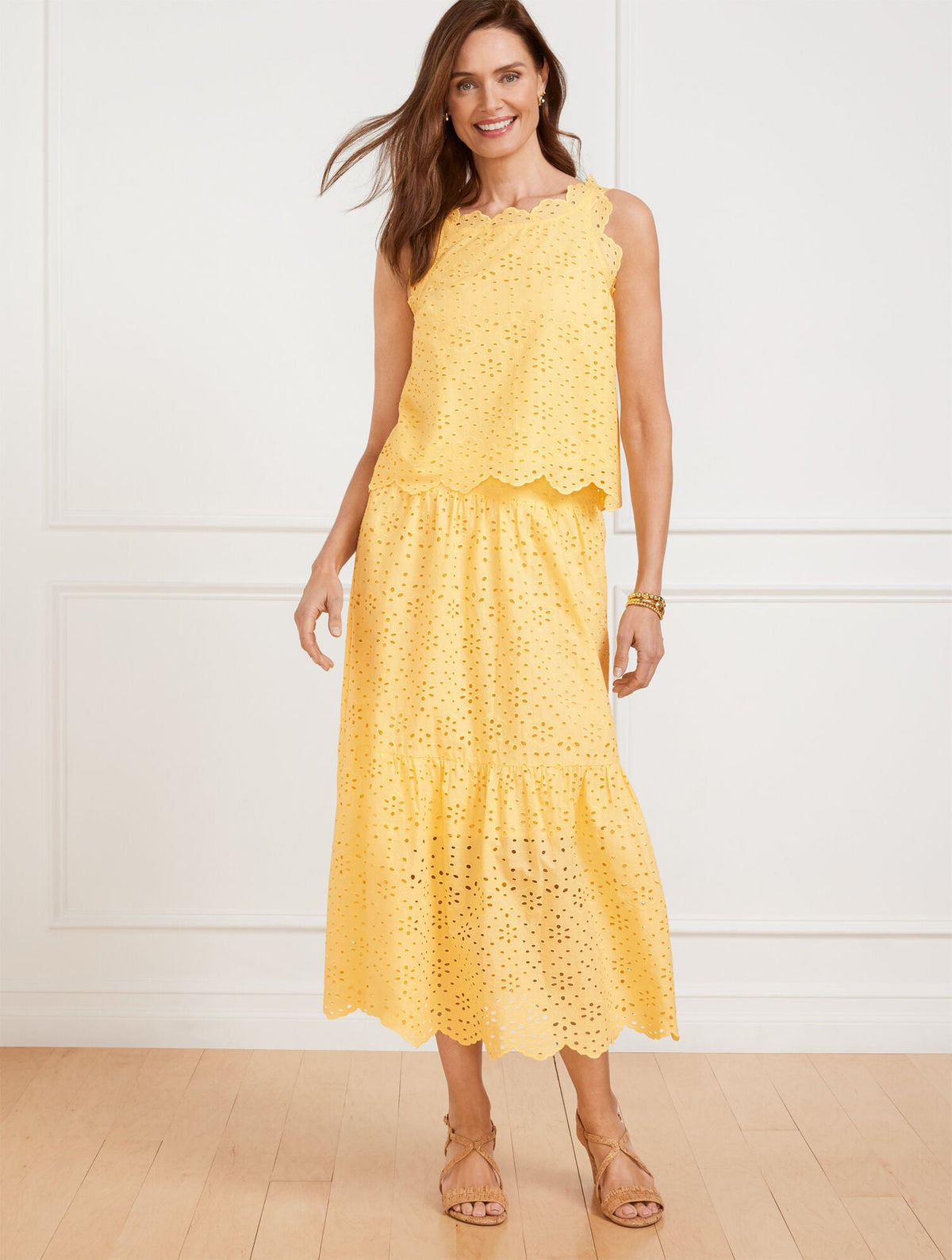 FLORAL DIAMOND EYELET FLOUNCE MIDI SKIRT | Talbots