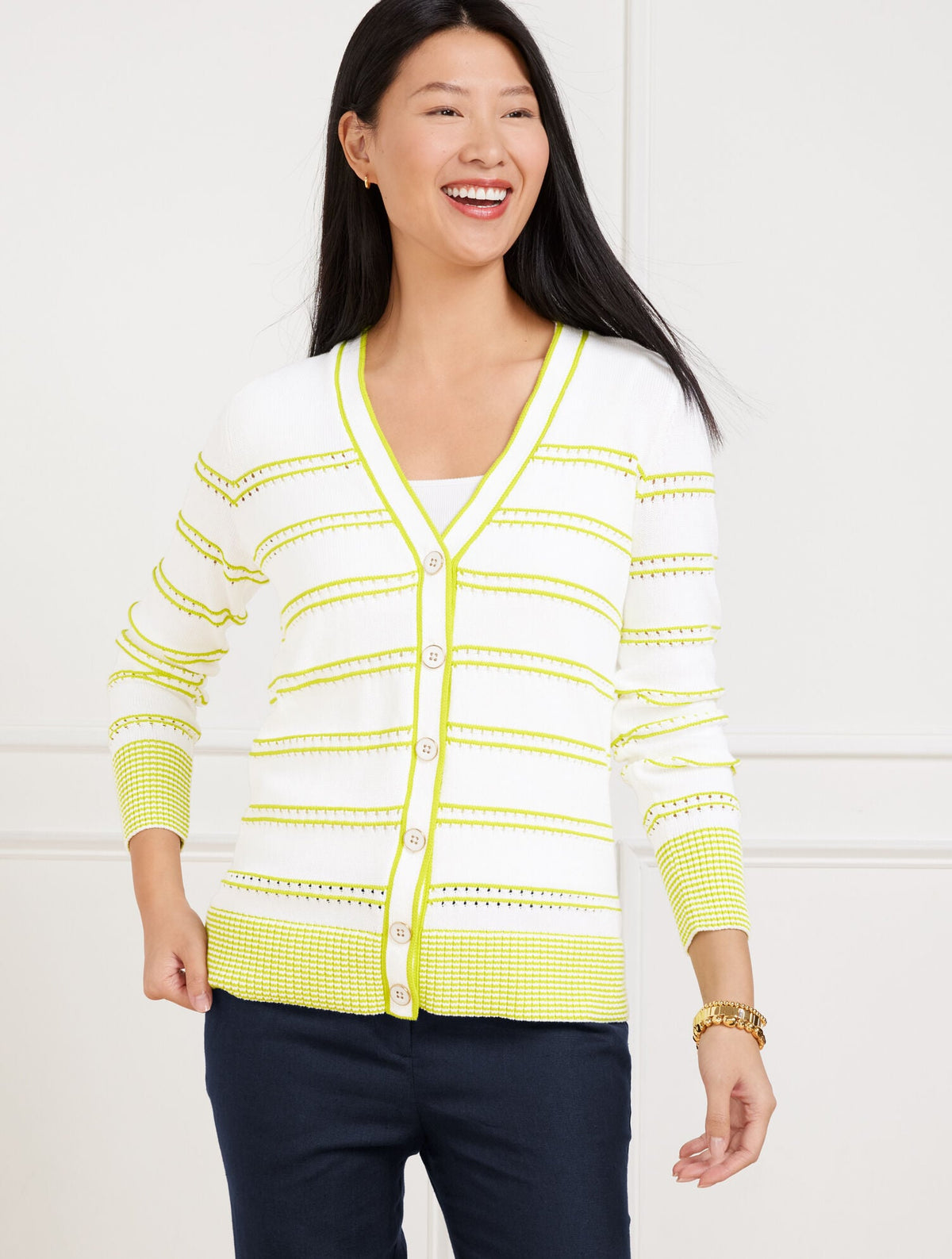 V-NECK GIRLFRIEND CARDIGAN - BICOLOR STRIPE | Talbots