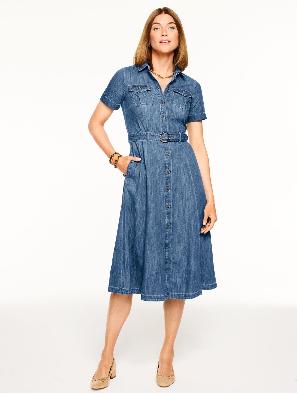 DENIM FIT & FLARE MIDI SHIRTDRESS | Talbots