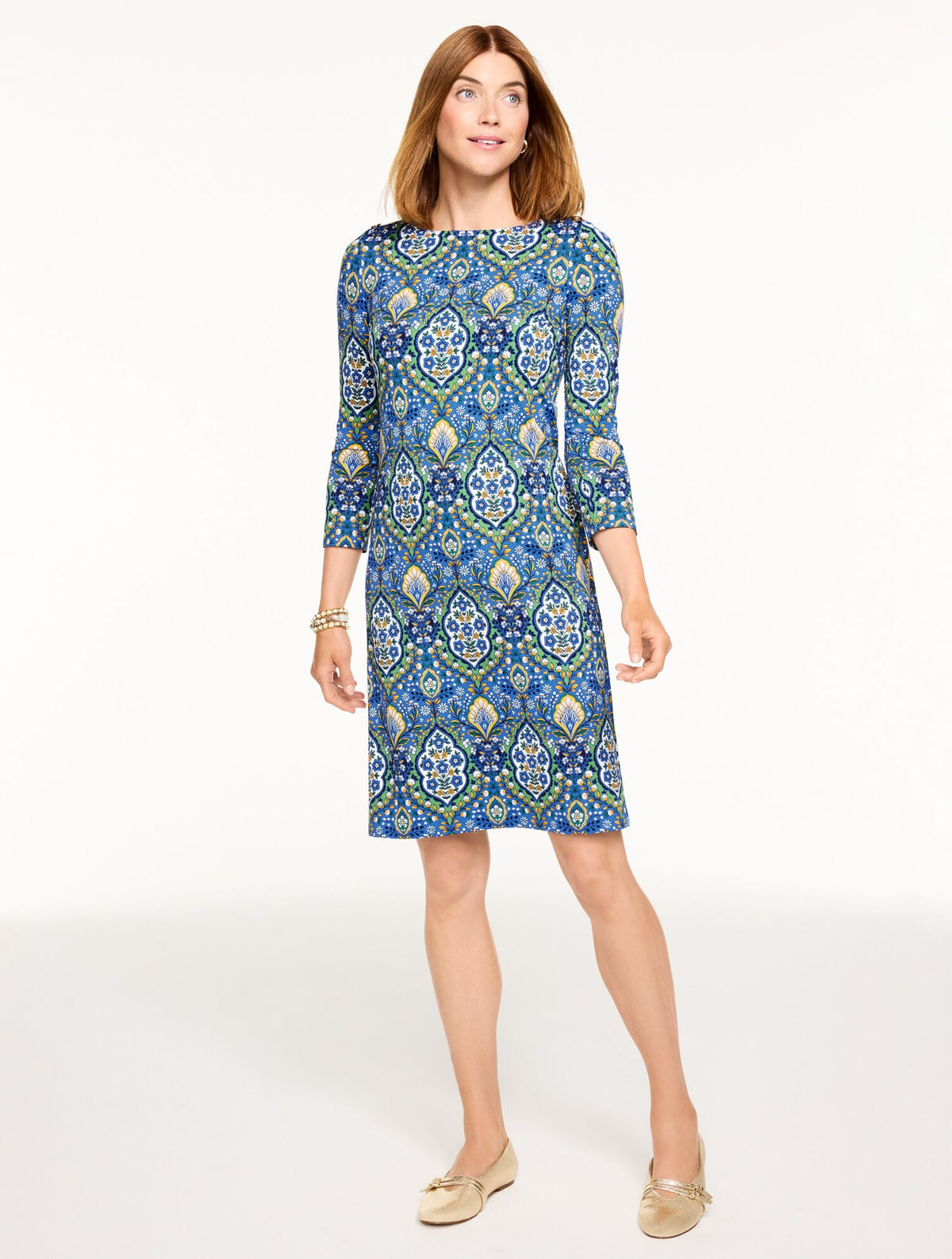 EFFORTLESS JERSEY BUTTON SHOULDER SHIFT DRESS - BOTANICAL MEDALLION | Talbots