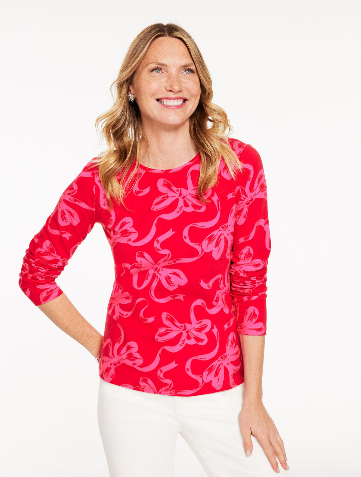 LONG SLEEVE CREWNECK TEE - BICOLOR BOWS | Talbots