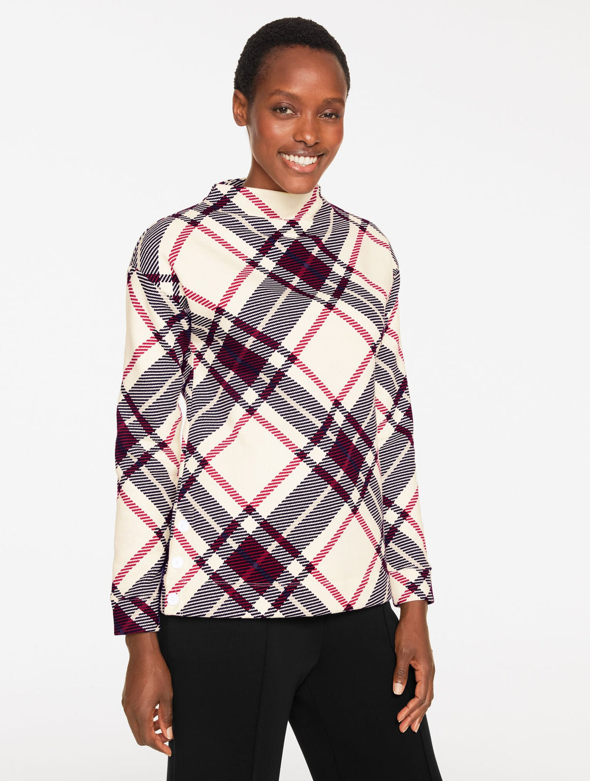 CLASSIC FRENCH TERRY MOCKNECK PULLOVER - CHILLY PLAID | Talbots