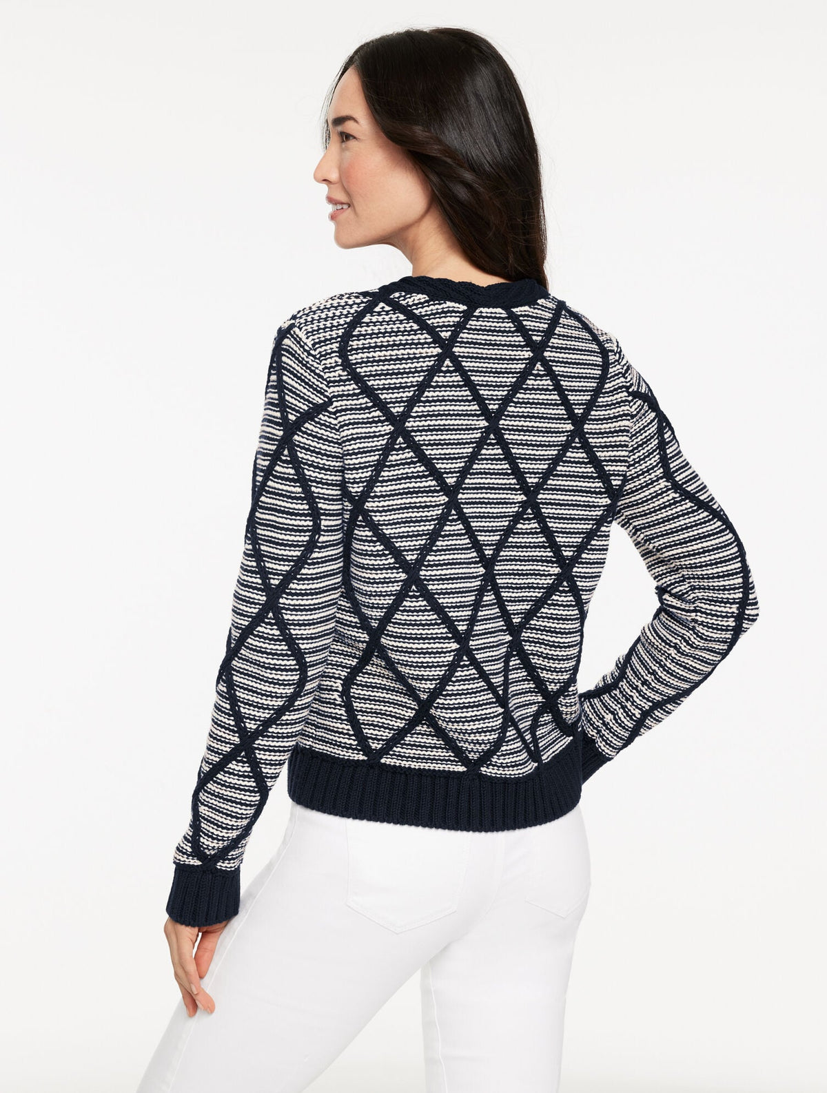 DIAMOND CABLE V-NECK PULLOVER - STRIPE | Talbots