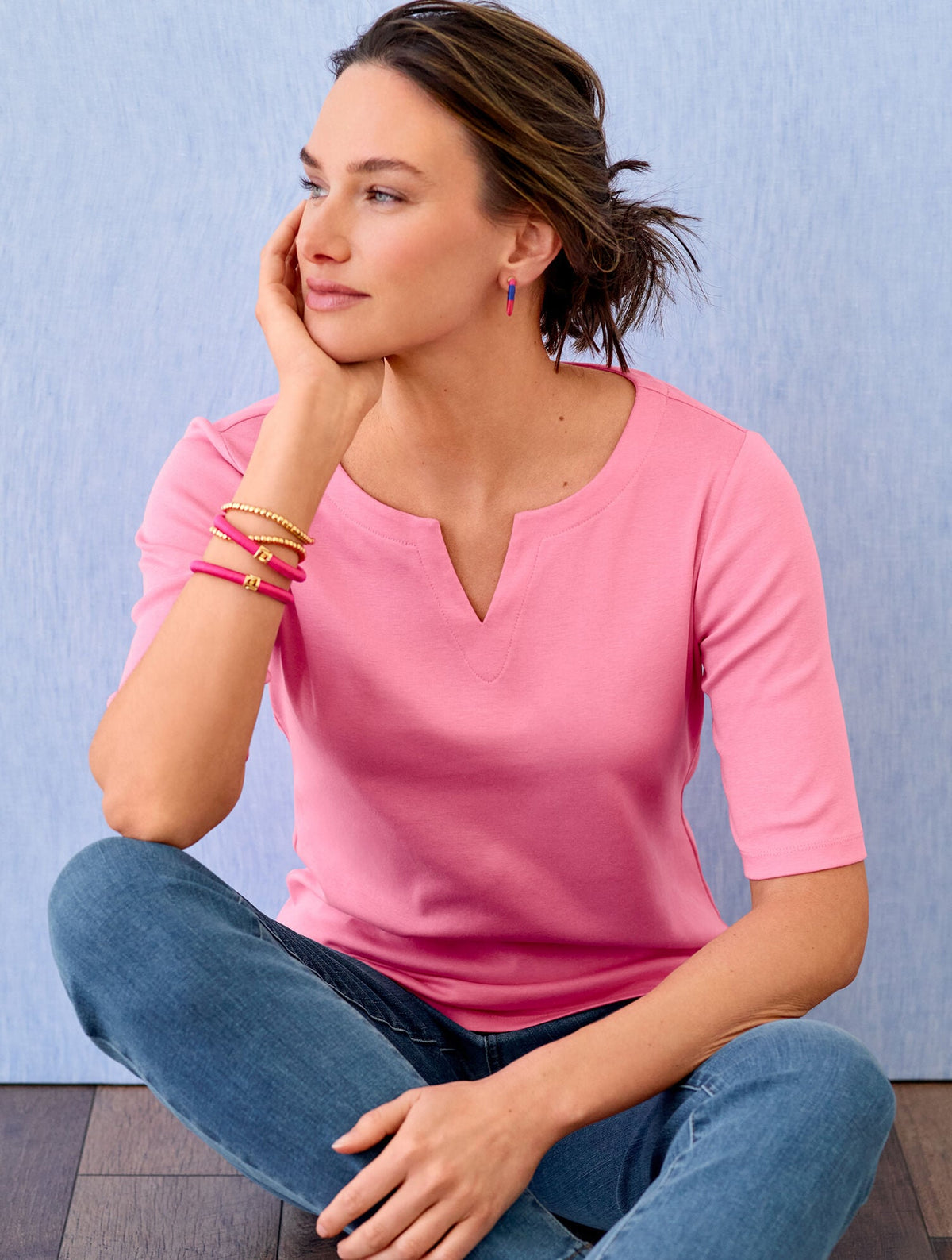 SPLIT NECK COTTON TEE - SOLID | Talbots