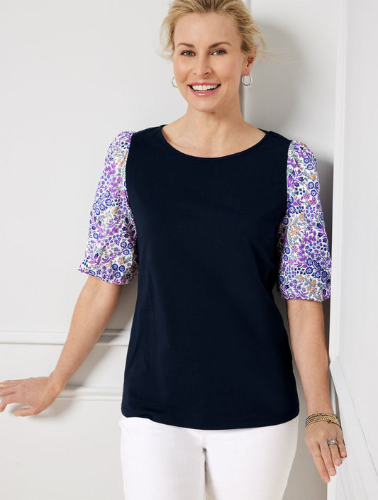 WOVEN SLEEVE CREWNECK TEE - DITSY | Talbots
