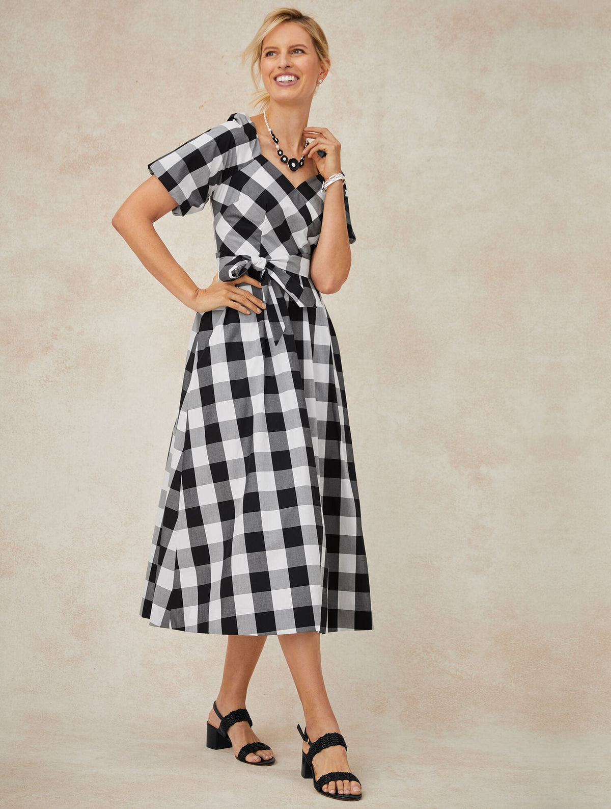 ZINNIA GINGHAM FIT & FLARE POPLIN DRESS | Talbots