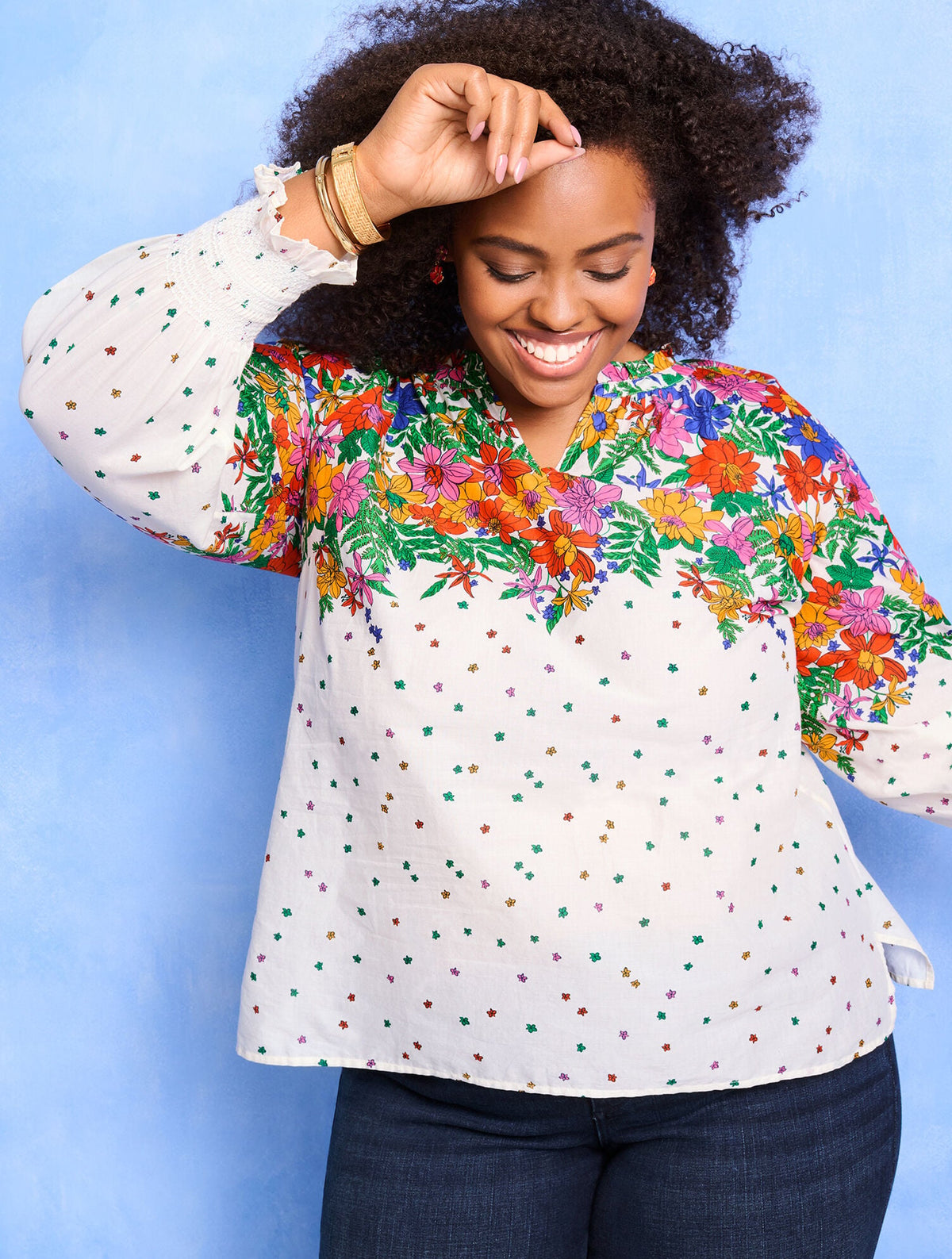 BLISSFUL FLORAL SMOCKED CUFF BLOUSE | Talbots