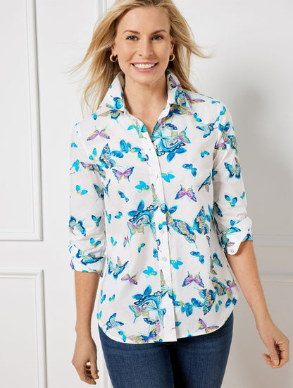 COTTON BUTTON FRONT SHIRT - EXQUISITE BUTTERFLY | Talbots