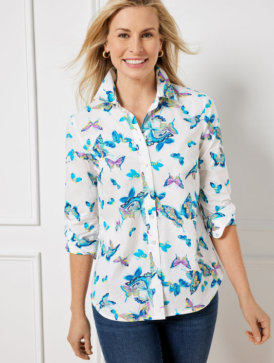 COTTON BUTTON FRONT SHIRT - EXQUISITE BUTTERFLY | Talbots