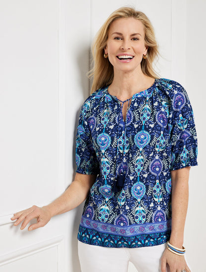 PLEATED SLEEVE TOP - FLORET MEDALLION | Talbots