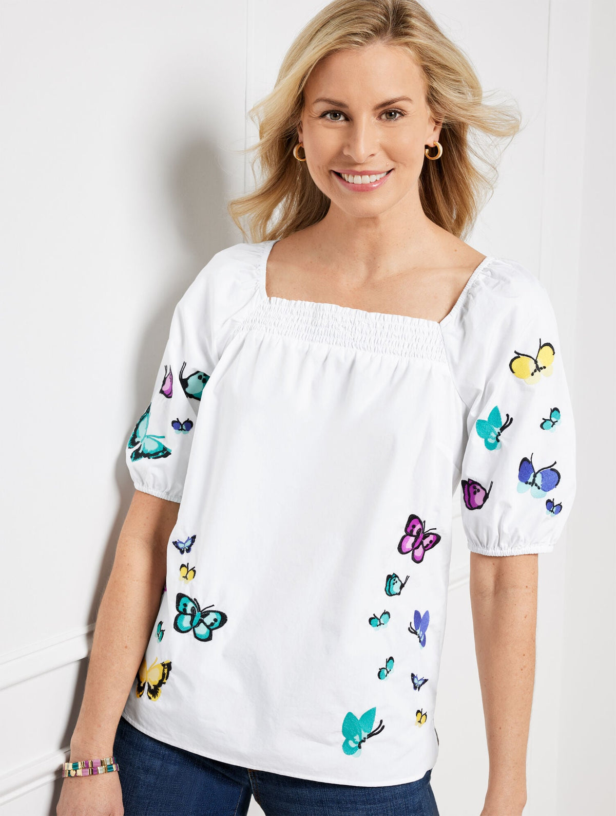 EMBROIDERED POPLIN TOP - SCATTERED BUTTERFLY | Talbots