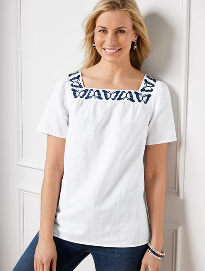 BUTTERFLY EMBROIDERED LINEN COTTON SQUARE NECK TOP | Talbots
