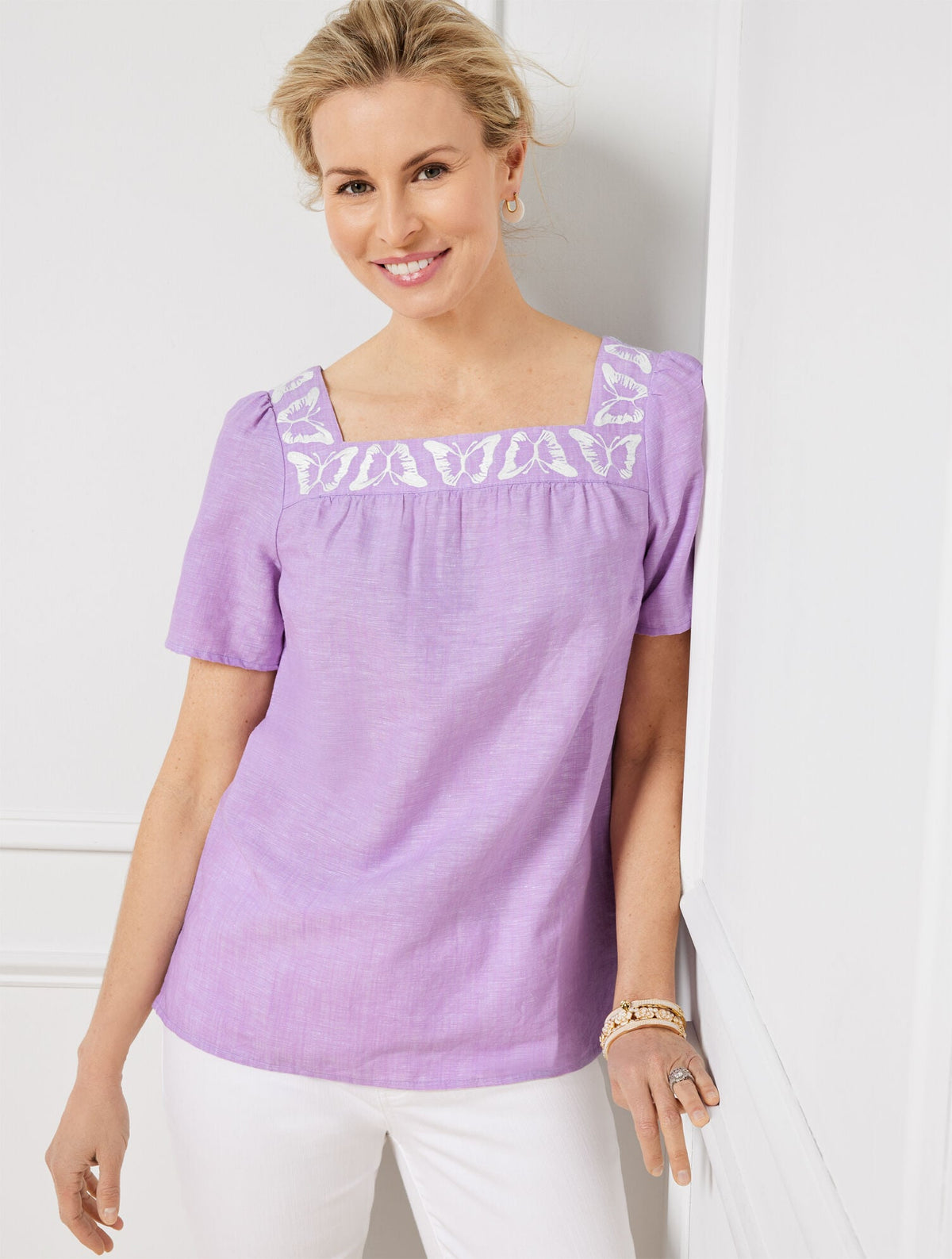 BUTTERFLY EMBROIDERED LINEN COTTON SQUARE NECK TOP - CROSS DYE | Talbots