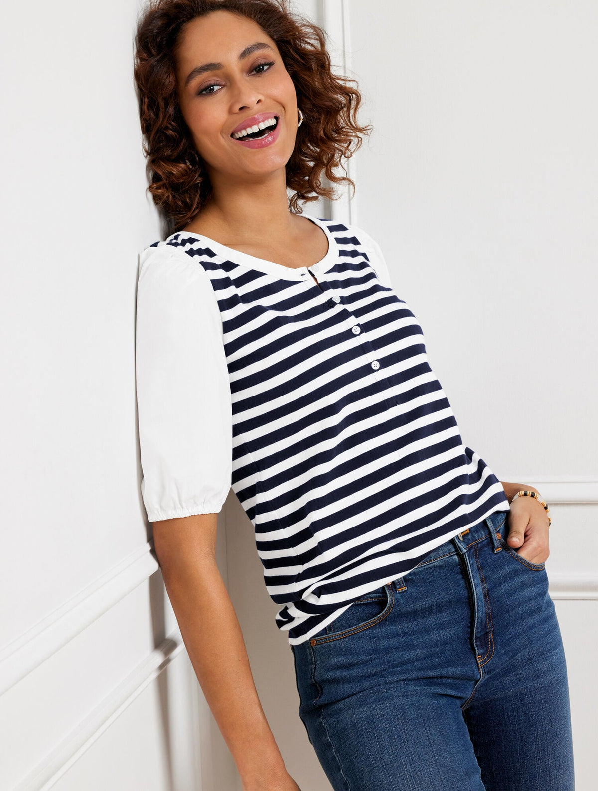 WOVEN SLEEVE HENLEY TEE - BALI STRIPE | Talbots