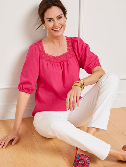 LACE TRIM SQUARE NECK TOP | Talbots