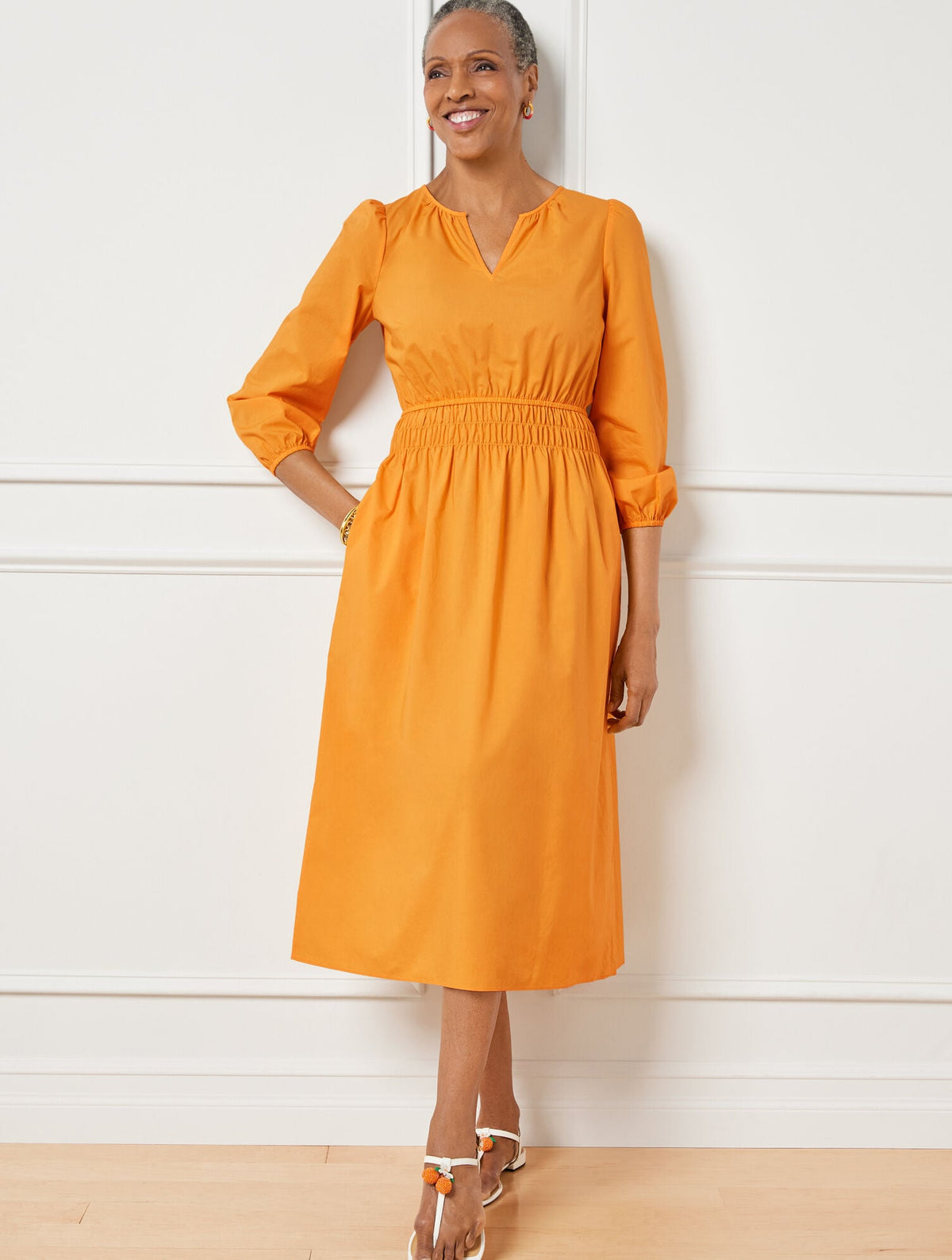 SMOCKED POPLIN MIDI DRESS | Talbots
