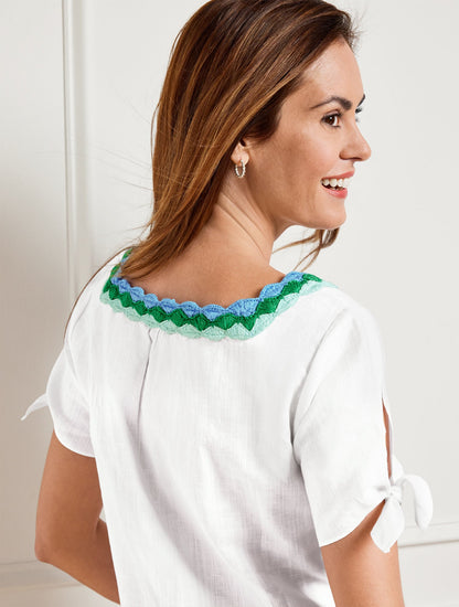 CROCHET TRIM LINEN TOP | Talbots