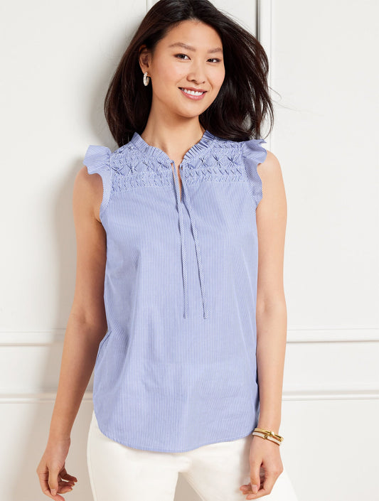 PLEATED POPLIN SHELL - MICRO STRIPE | Talbots