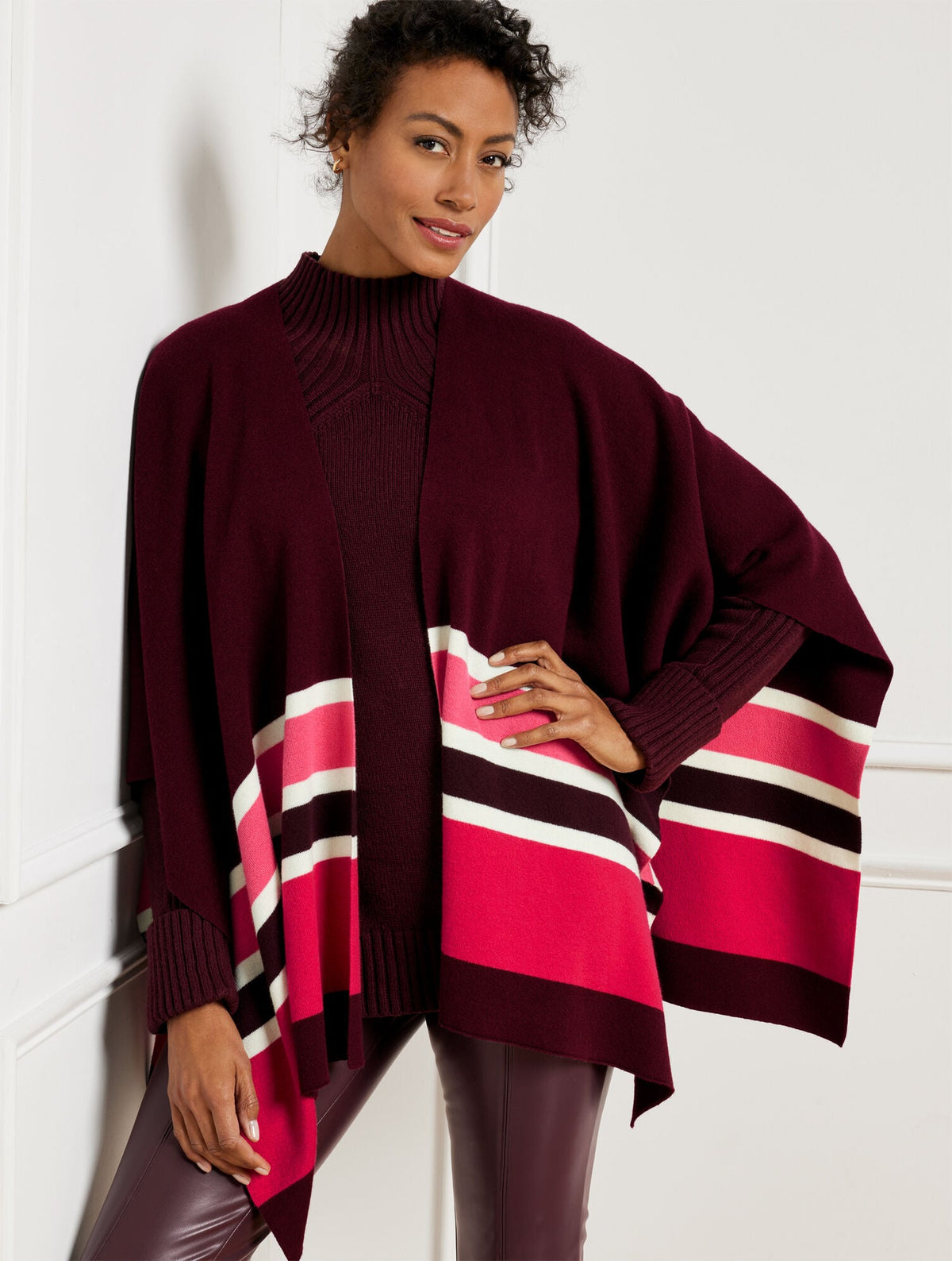 PLUS EXCLUSIVE COLORBLOCK KNIT RUANA - RICH BURGUNDY MULTI | Talbots