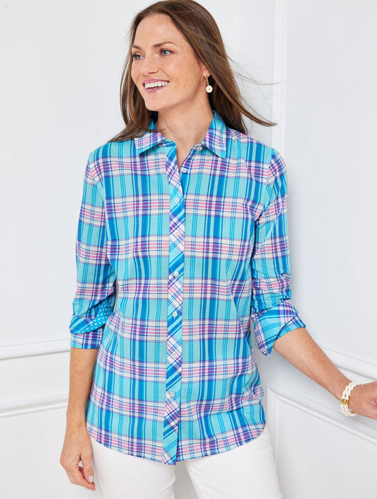 COTTON BUTTON FRONT SHIRT - BOOTHBAY PLAID | Talbots