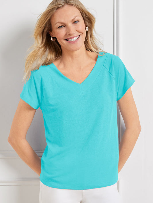 LINEN BLEND RAGLAN V-NECK TEE | Talbots
