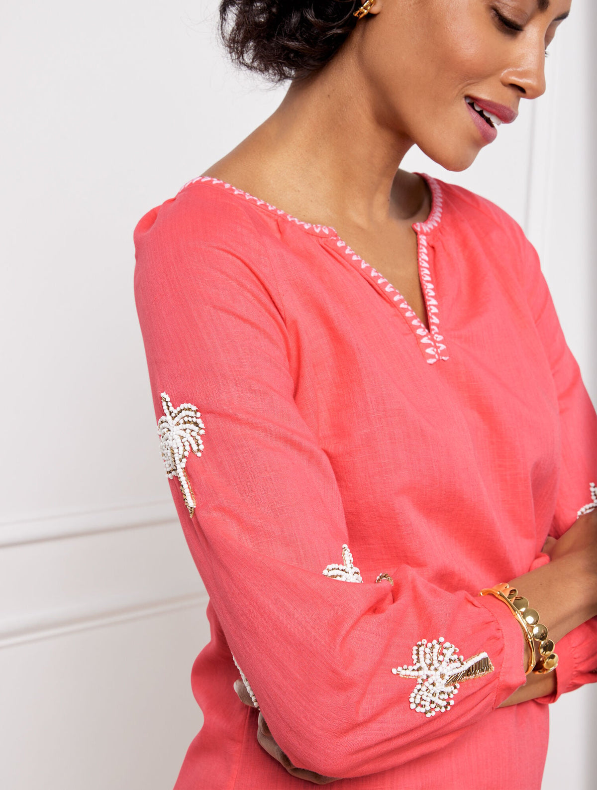 LINEN COTTON SHIFT DRESS - EMBROIDERED PALM | Talbots