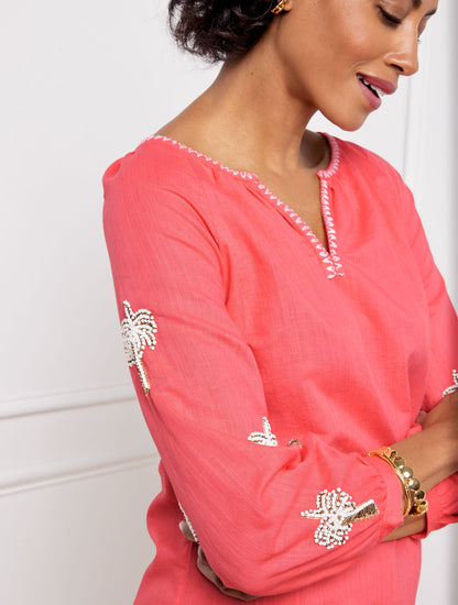 LINEN COTTON SHIFT DRESS - EMBROIDERED PALM | Talbots
