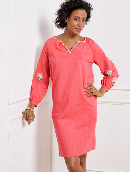 LINEN COTTON SHIFT DRESS - EMBROIDERED PALM | Talbots
