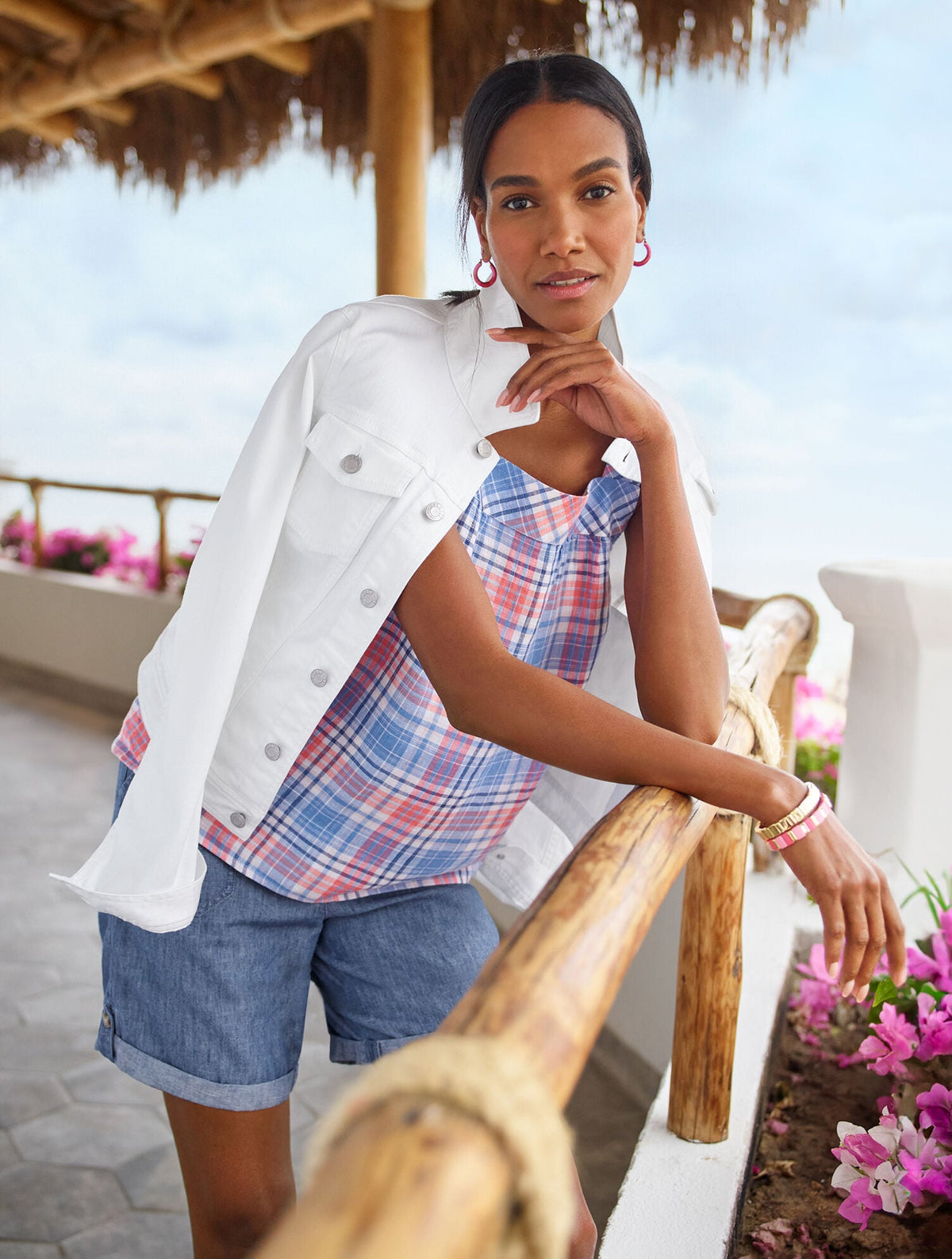 LINEN SQUARE NECK SHELL - PARADISE PLAID | Talbots