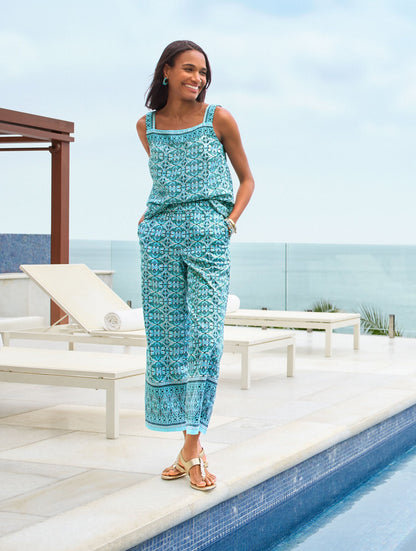 LINEN SQUARE NECK SHELL - OVAL MEDALLION | Talbots