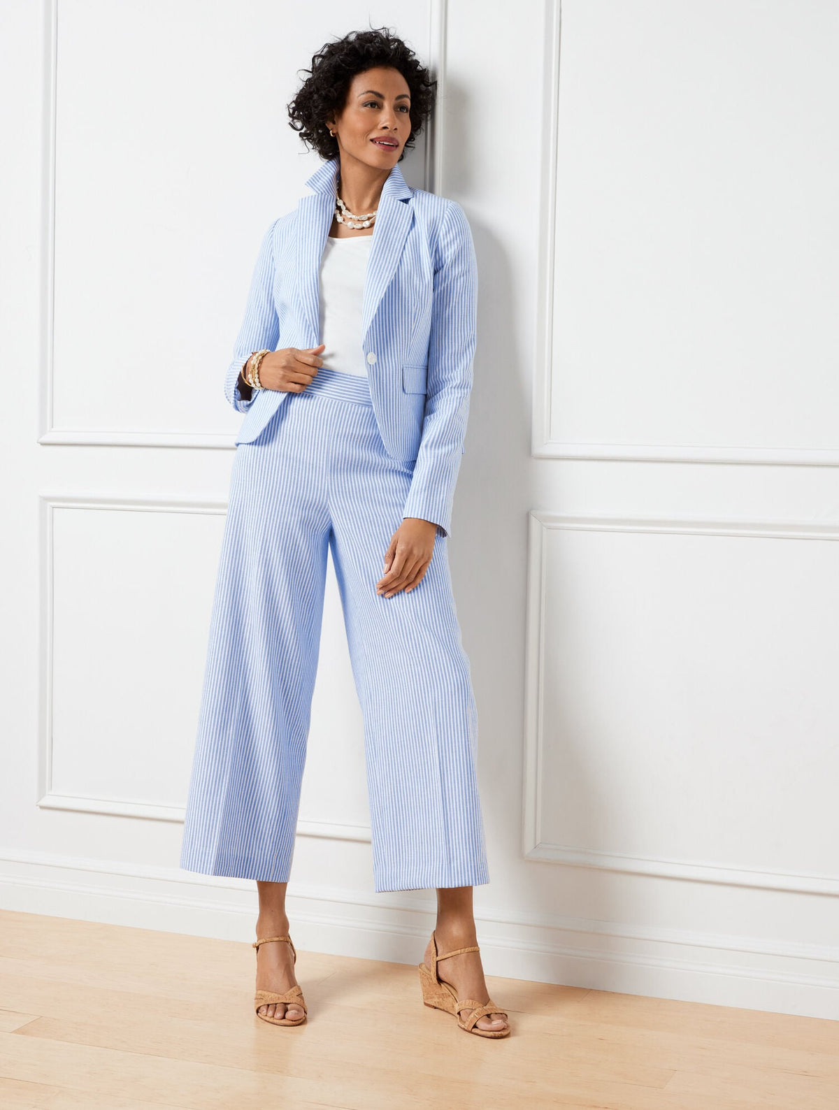 LINEN BLEND WIDE LEG CROP PANTS - SUNSET STRIPE | Talbots