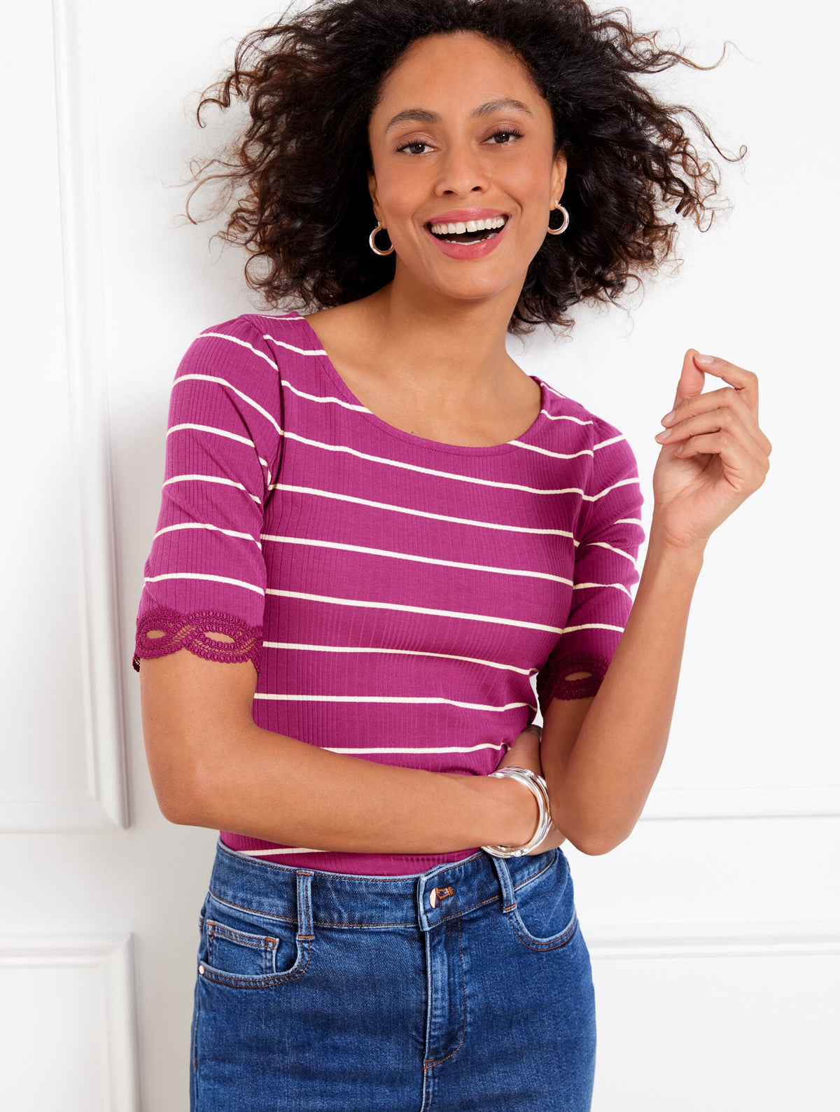 LACE TRIM BALLET NECK TEE - STRIPE | Talbots