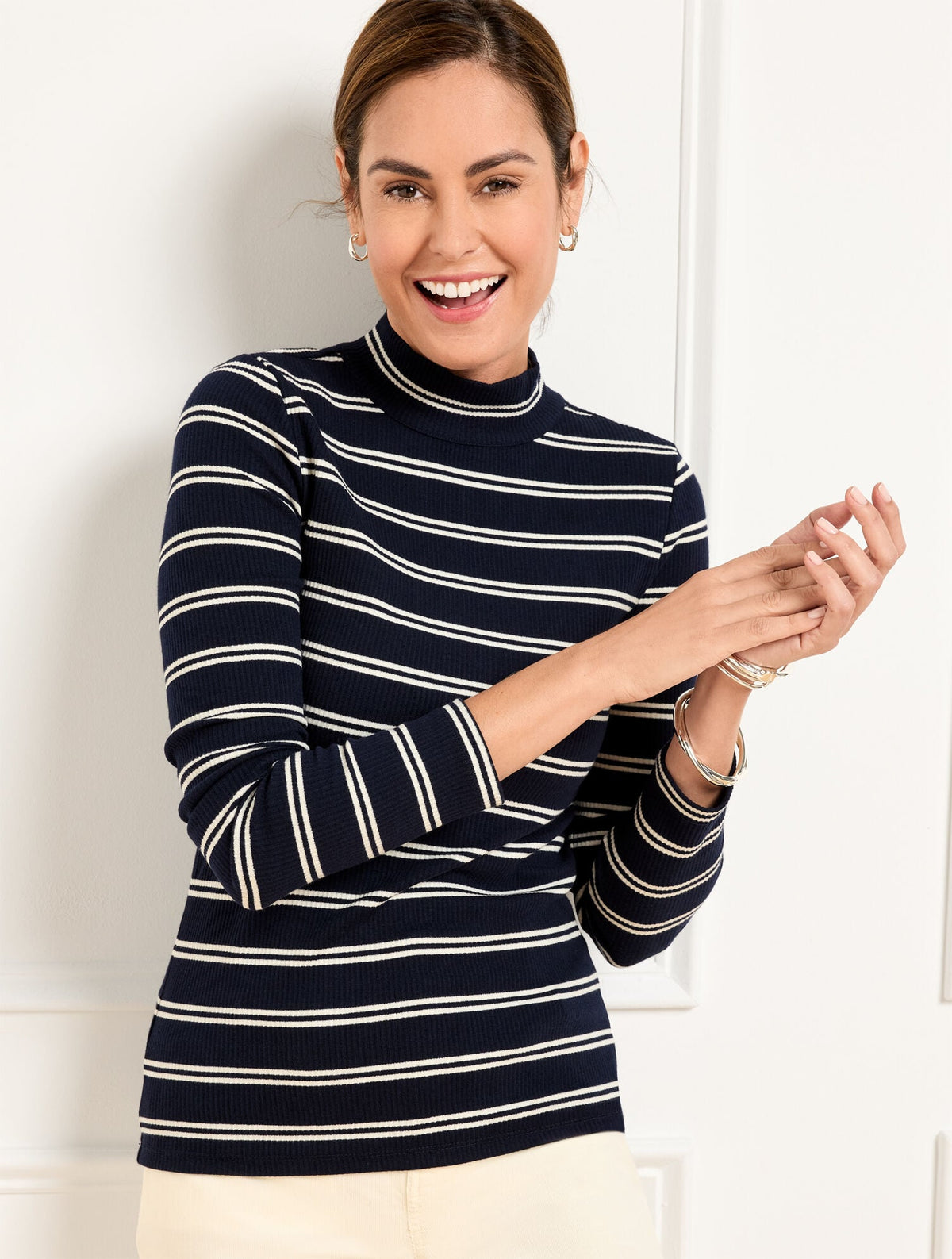 RIBBED MOCKNECK TEE - EMILIA STRIPE | Talbots