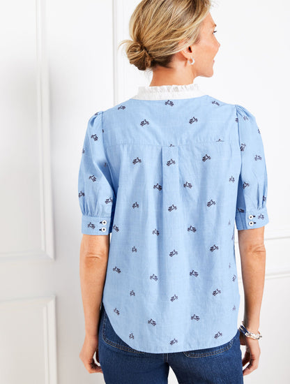 RUFFLE NECK TOP - EMBROIDERED VESPA | Talbots