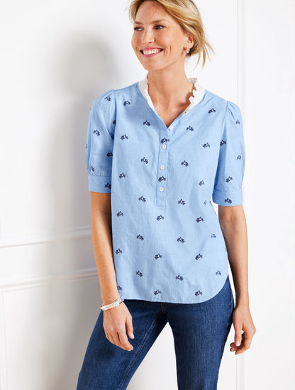 RUFFLE NECK TOP - EMBROIDERED VESPA | Talbots