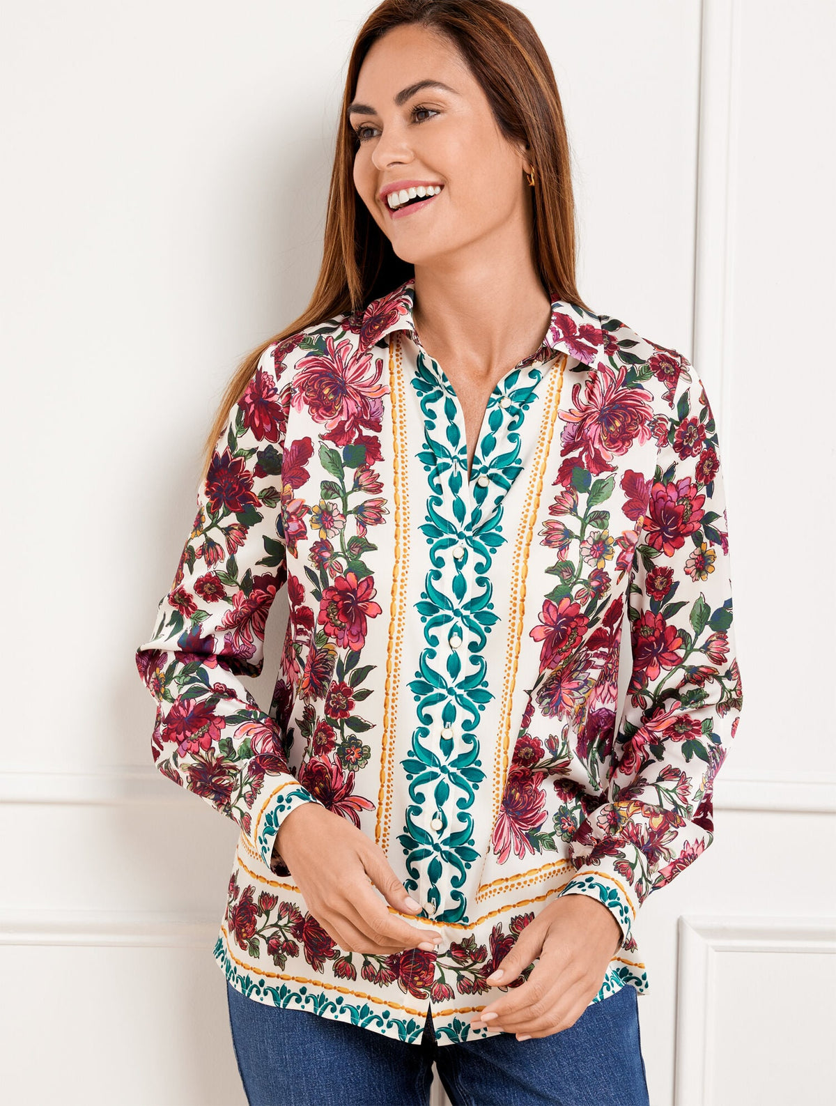 SOFT SATIN CHARMEUSE BUTTON FRONT SHIRT - STUNNING FLORAL | Talbots