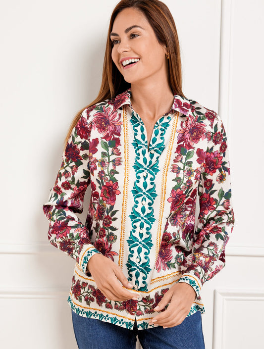 SOFT SATIN CHARMEUSE BUTTON FRONT SHIRT - STUNNING FLORAL | Talbots