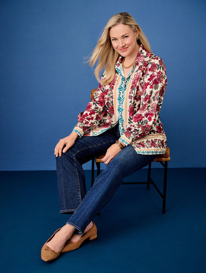 SOFT SATIN CHARMEUSE BUTTON FRONT SHIRT - STUNNING FLORAL | Talbots