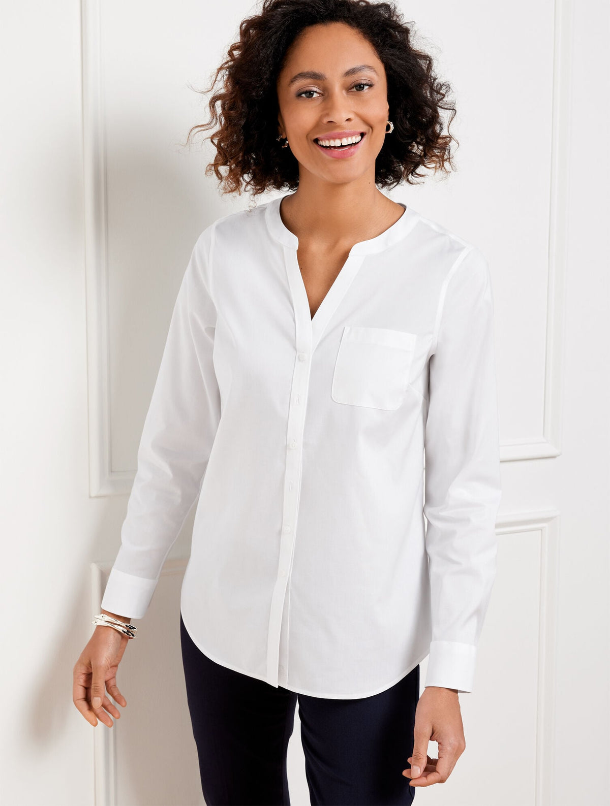 NON-IRON BAND COLLAR BUTTON FRONT SHIRT | Talbots